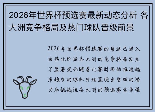 2026年世界杯预选赛最新动态分析 各大洲竞争格局及热门球队晋级前景