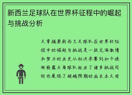 新西兰足球队在世界杯征程中的崛起与挑战分析